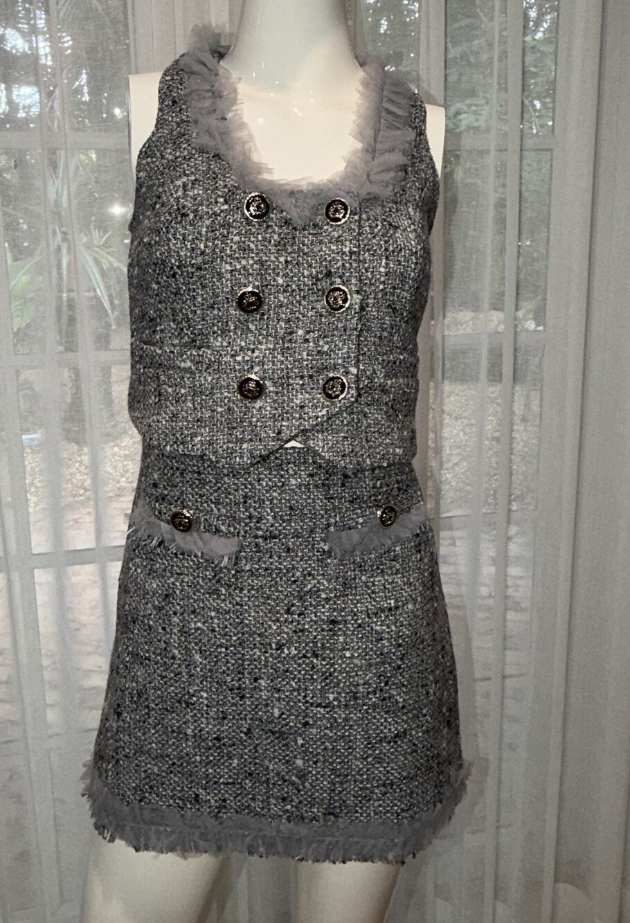Walter Baker 2 Piece Tweed Vest Mini Skirt Set Gray XS 0 Gold Buttons